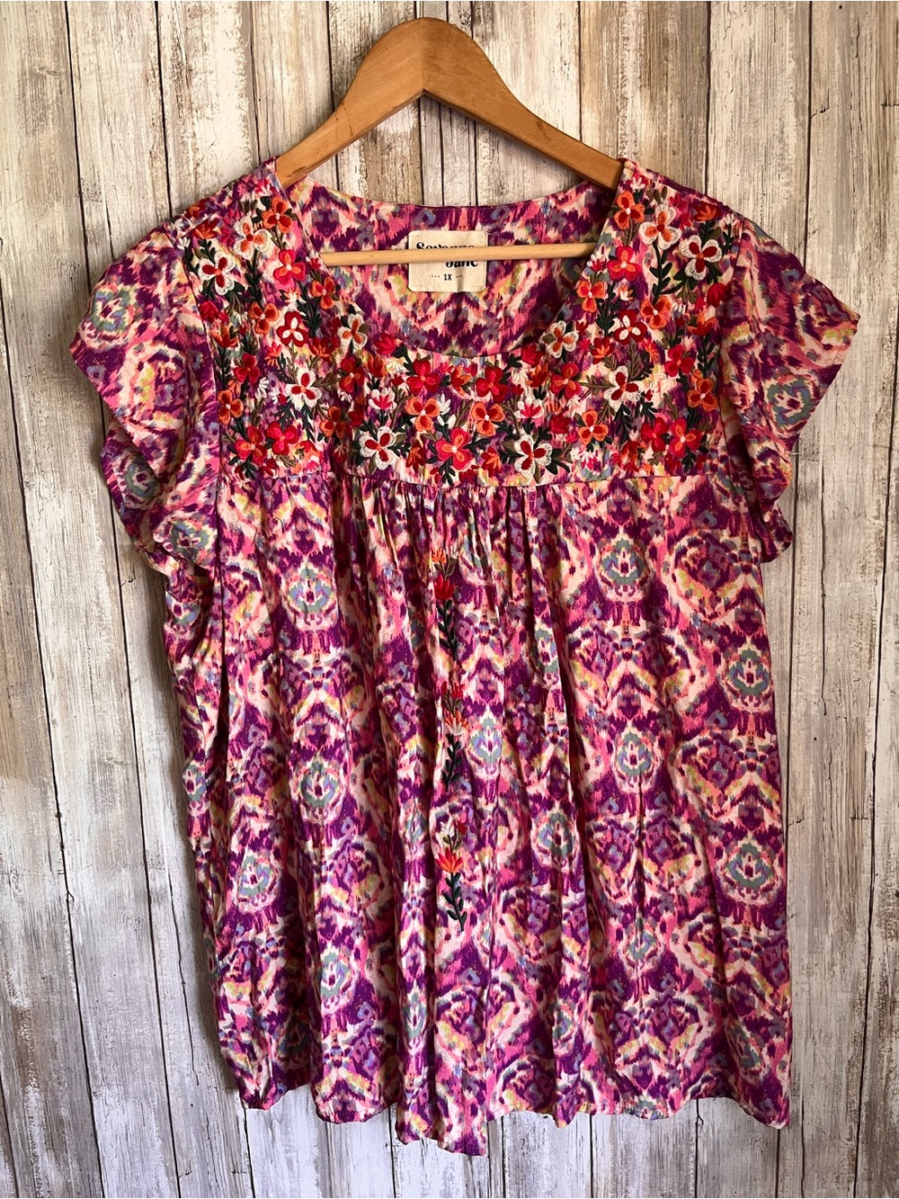 Savanna Jane Embroidered Ikat Floral Boho Blouse Top 1X Plus Size - Picture 2 of 5